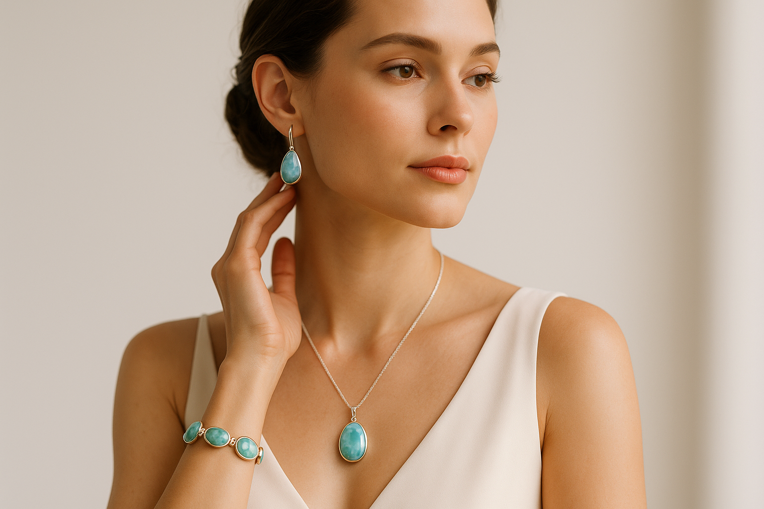 modelo femenina modelando sus joyerias de larimar