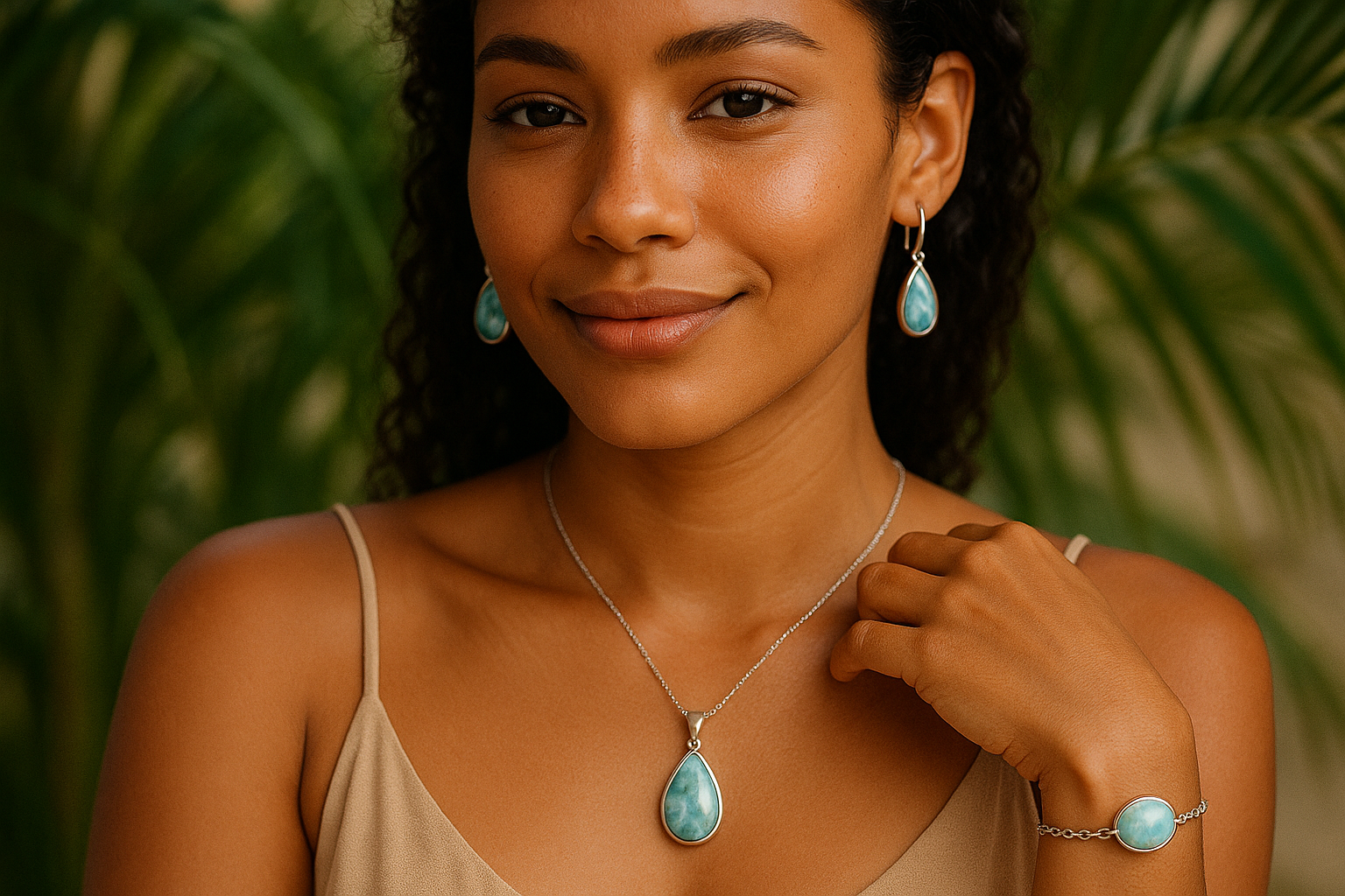 modelo caribeñz o trigueña sonriendo sutil y casualmente mientras modela sus prendas de joyeria de larimar