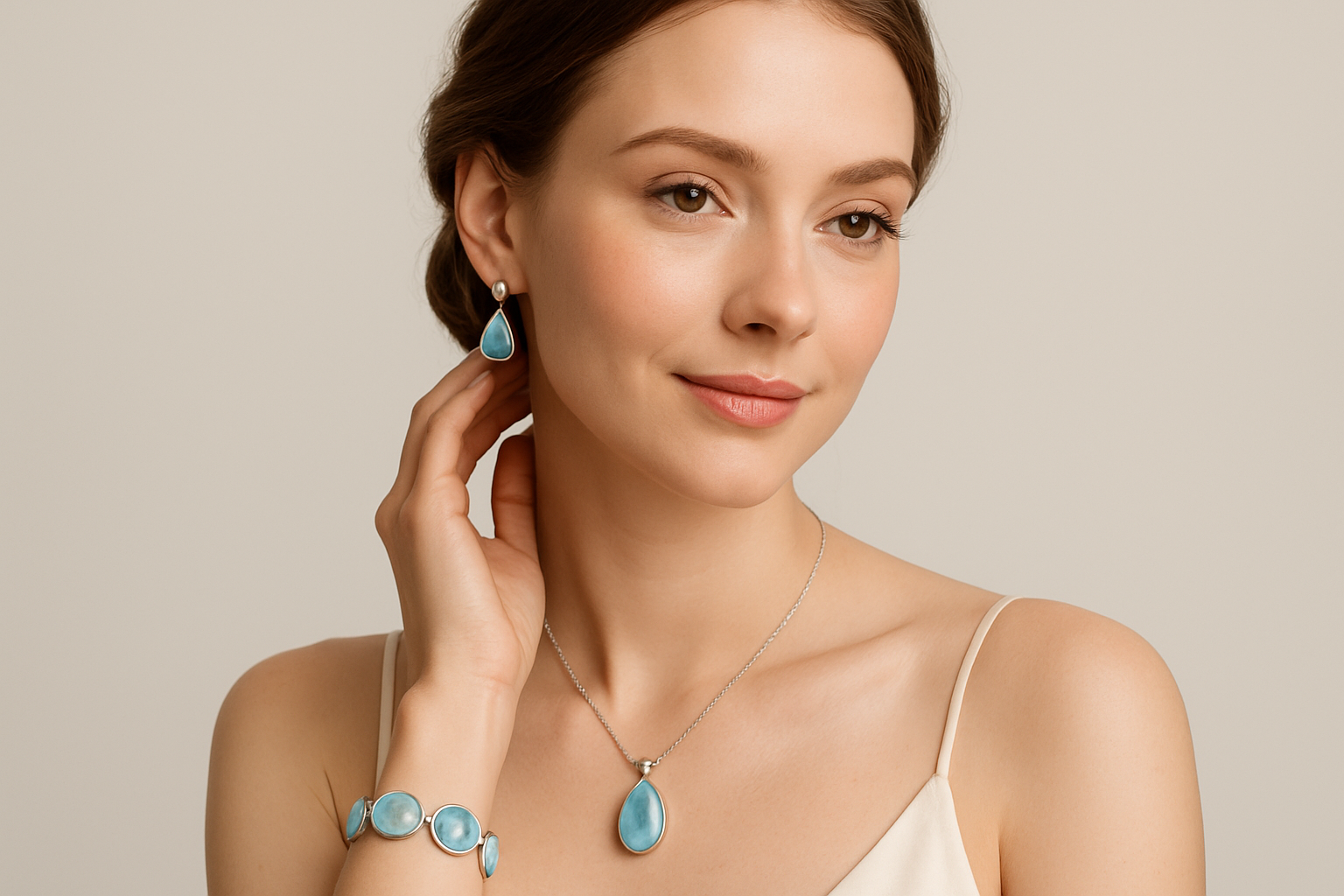 modelo de posible ascendencia europea sonriendo sutilmente mientras muestra sus prendas de joyeria de larimar